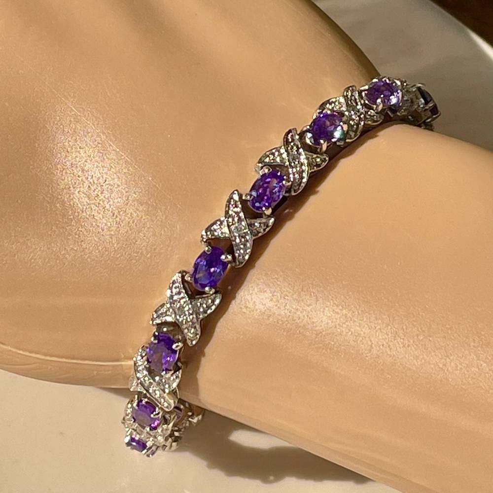 Genuine Amethyst & Silver Bracelet- 7.5” Like New- QVC- Stunning Gemstones!